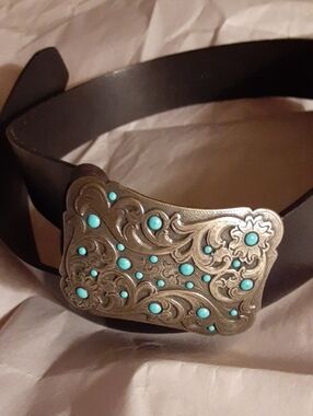 Fossil Dark Brown  Leather Belt with Turquoise-Accent Silver Buckle/Sz M
